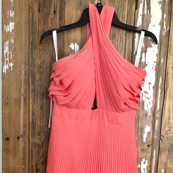 Coral tea length pleated chiffon dress - Picture 1 of 2